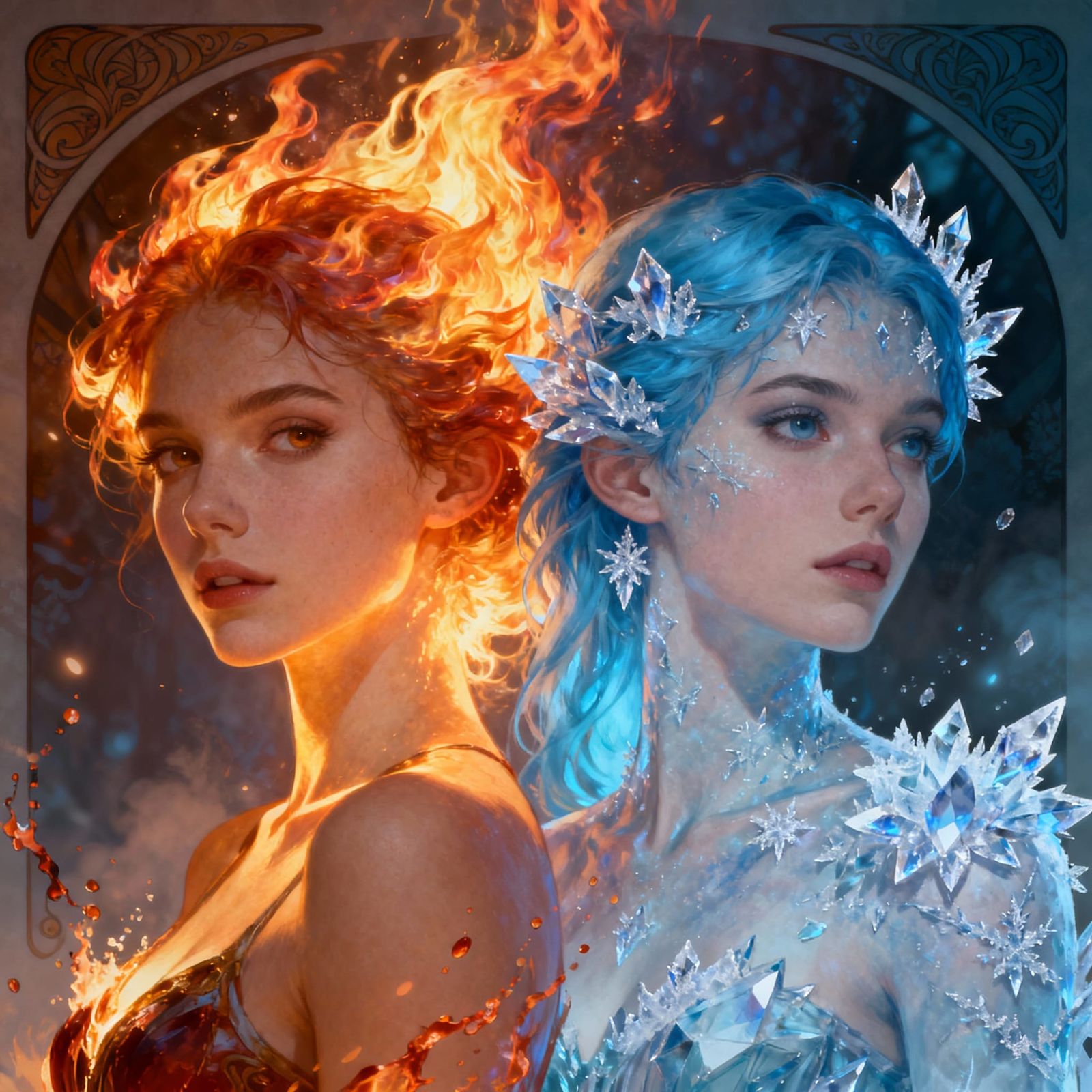 Fire and Ice Women Portrait in Dynamic Concept Art Style