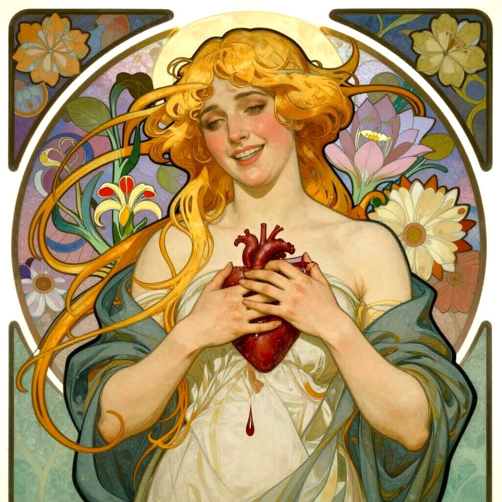 Jugendstil Portrait of Woman Holding Bleeding Heart