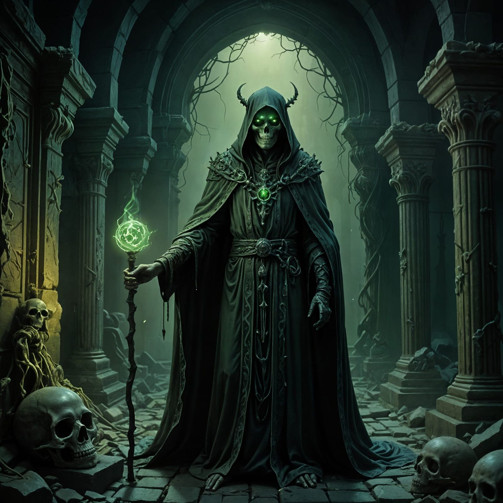 Lich Necromancer Sorcerer in Crypt - Dark Fantasy Art
