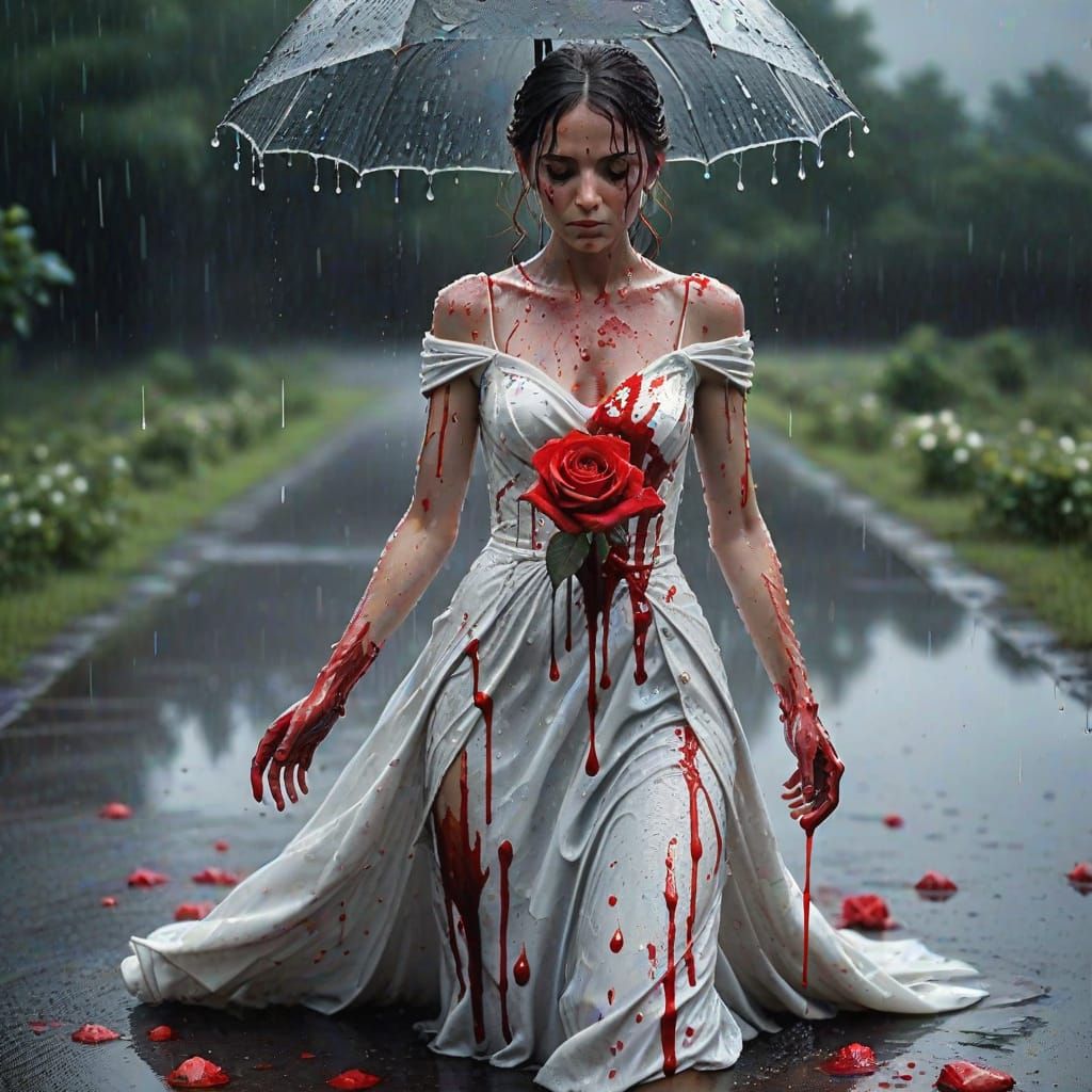 Surreal Bride Embracing a Bloody Rose in a Grey, Sci-Fi Worl...