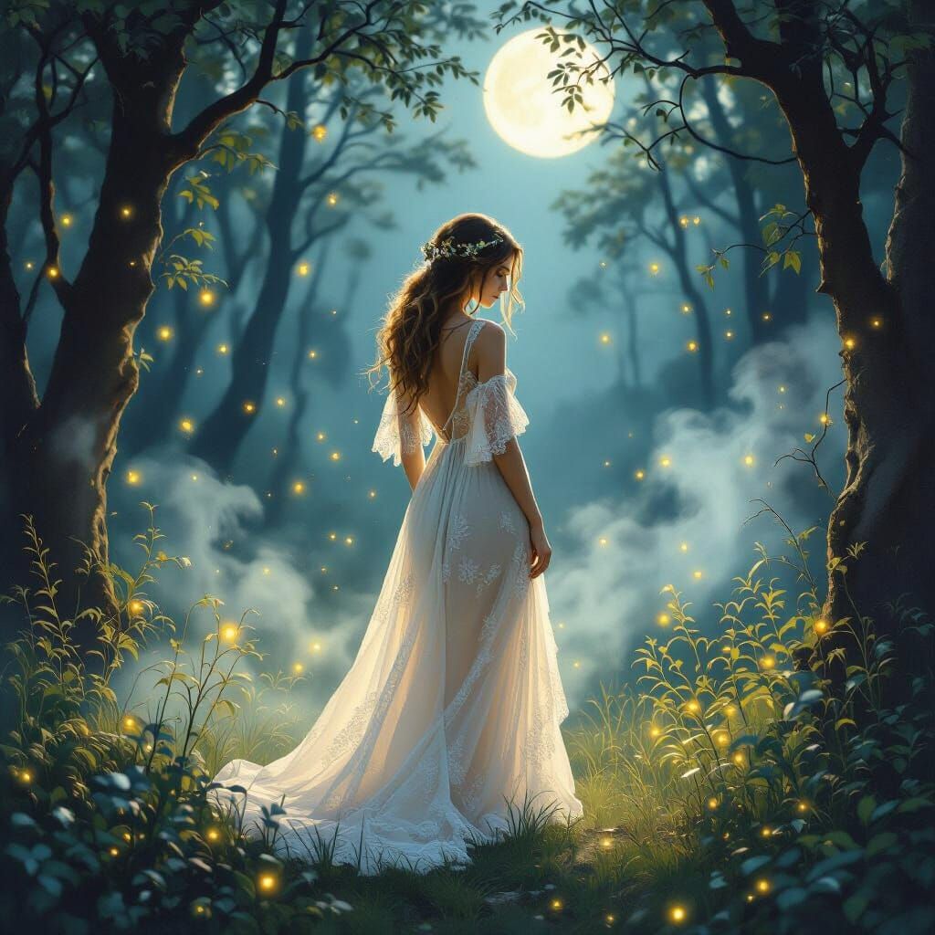 Ethereal Woman in Moonlit Forest, Pre-Raphaelite Style