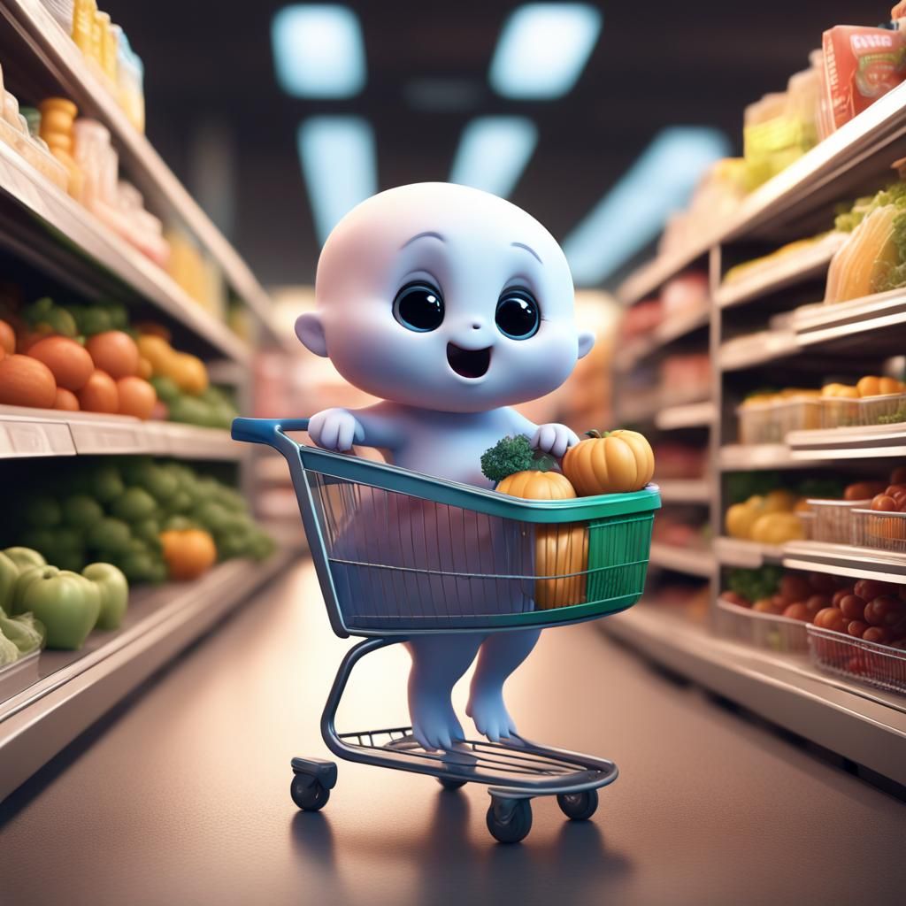 Cute Baby Ghost Grocery Shopping, Detailed Matte Painting