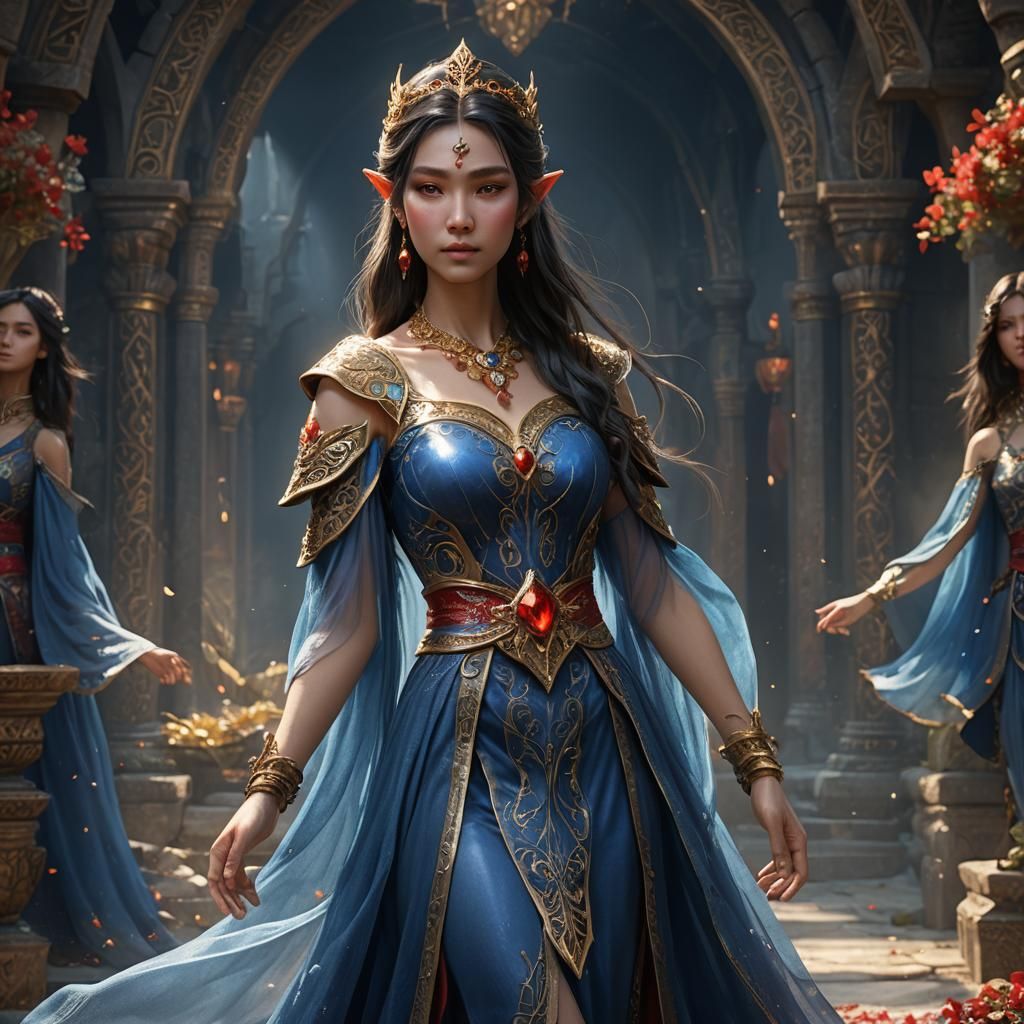 Asian Elven Princess in Blue Dress, Detailed 3D Rendering