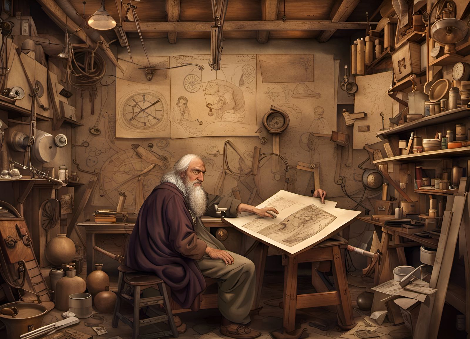 Leonardo da Vinci in his workshop in Florence, working on a ...