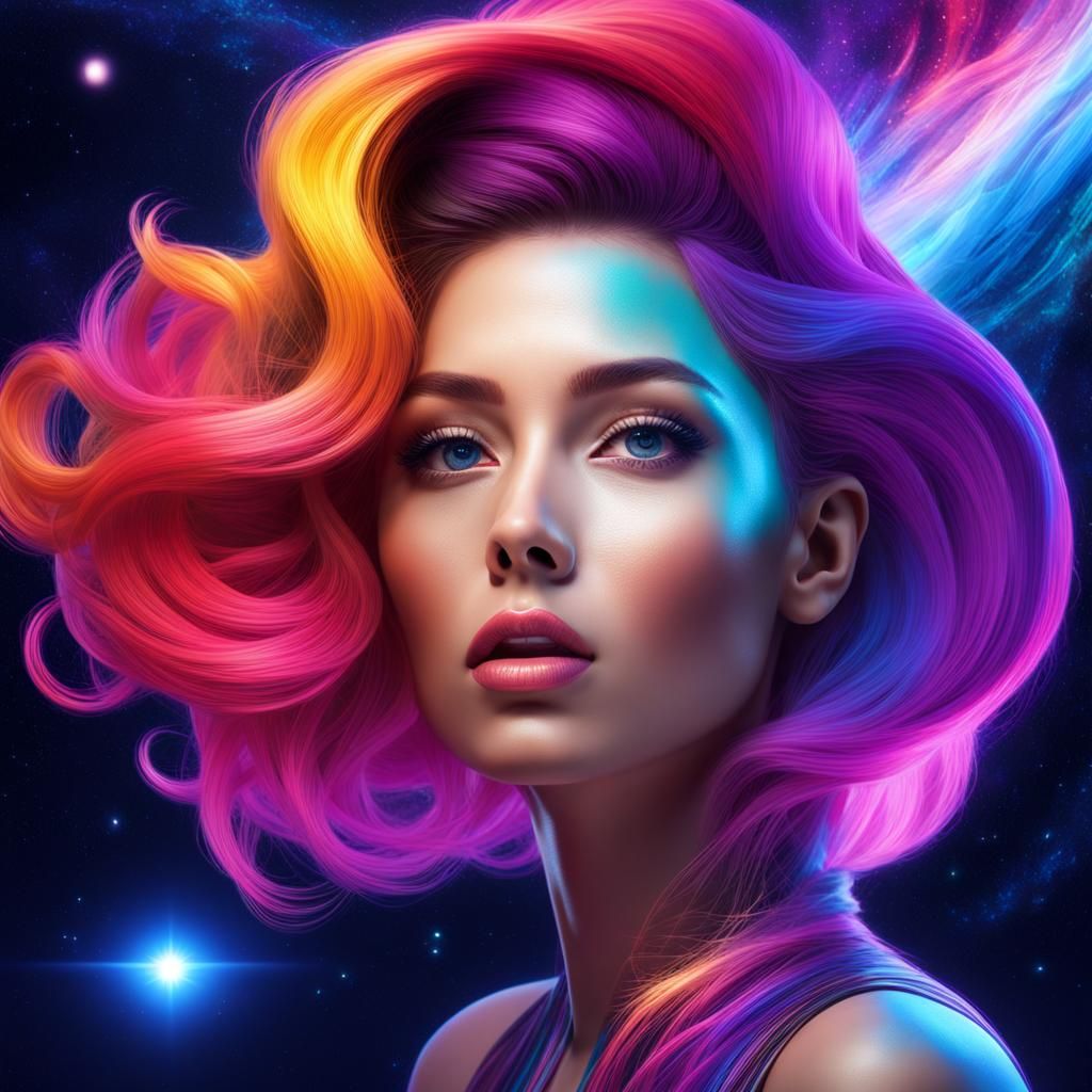 Woman with Galaxy Hair Blending into Galaxy Sky