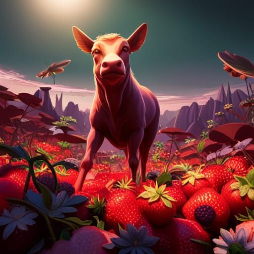 Strawberry Cow in Strawberry Field, Hyperdetailed Concept Ar...