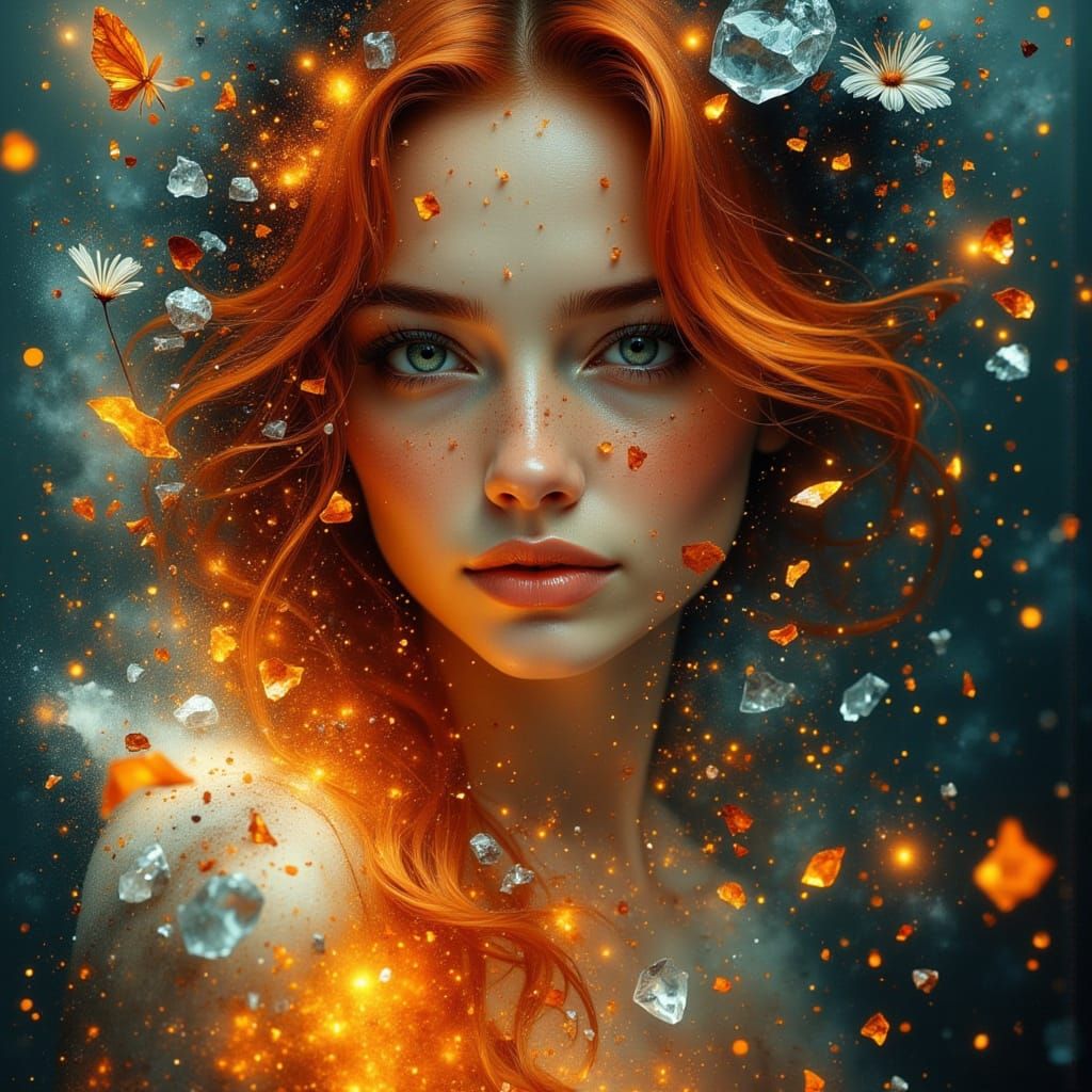 Redhead Woman Portrait with Crystalline Shards