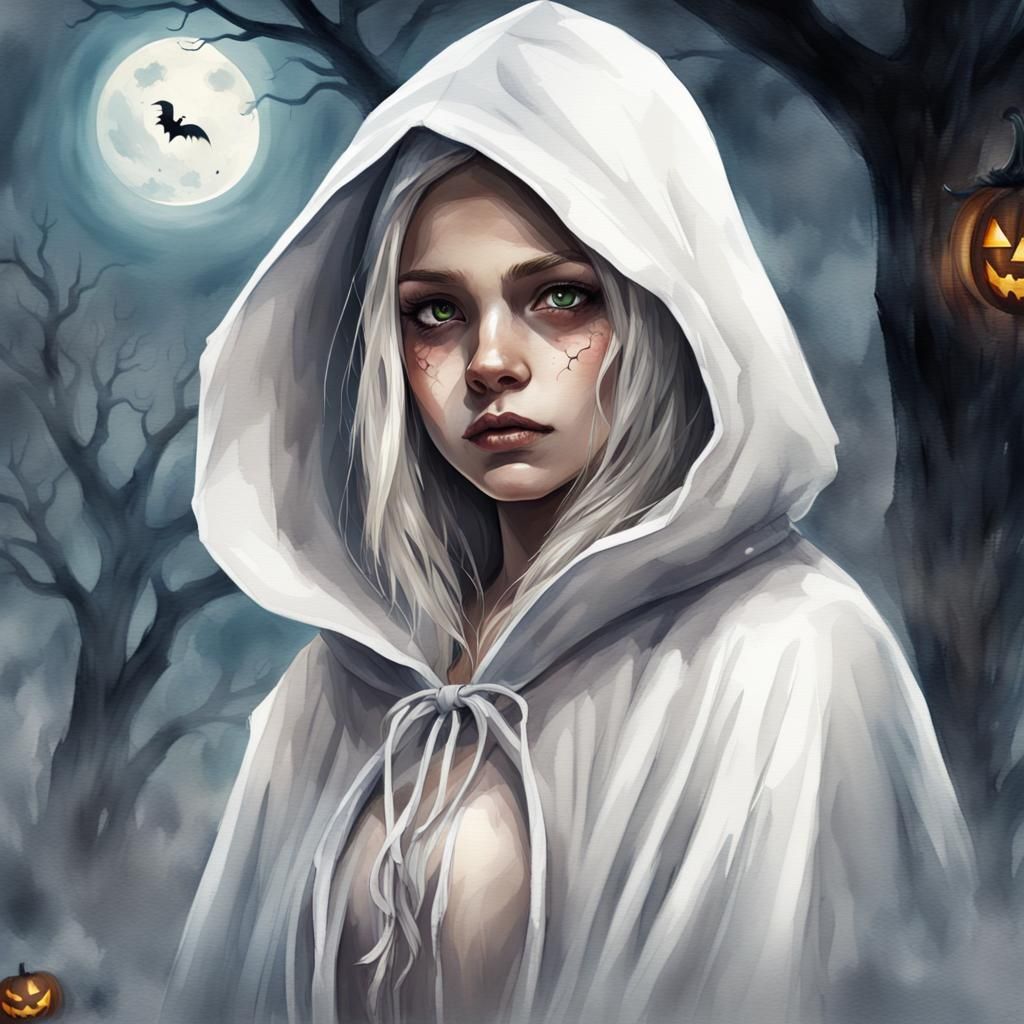 Girl in White Cloak for Halloween, Watercolor Style
