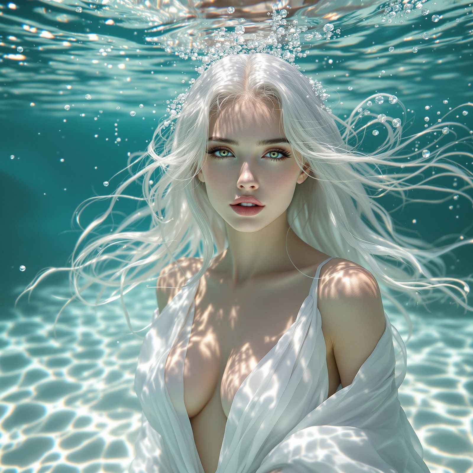 Underwater Fashion Photography of White-Haired Woman