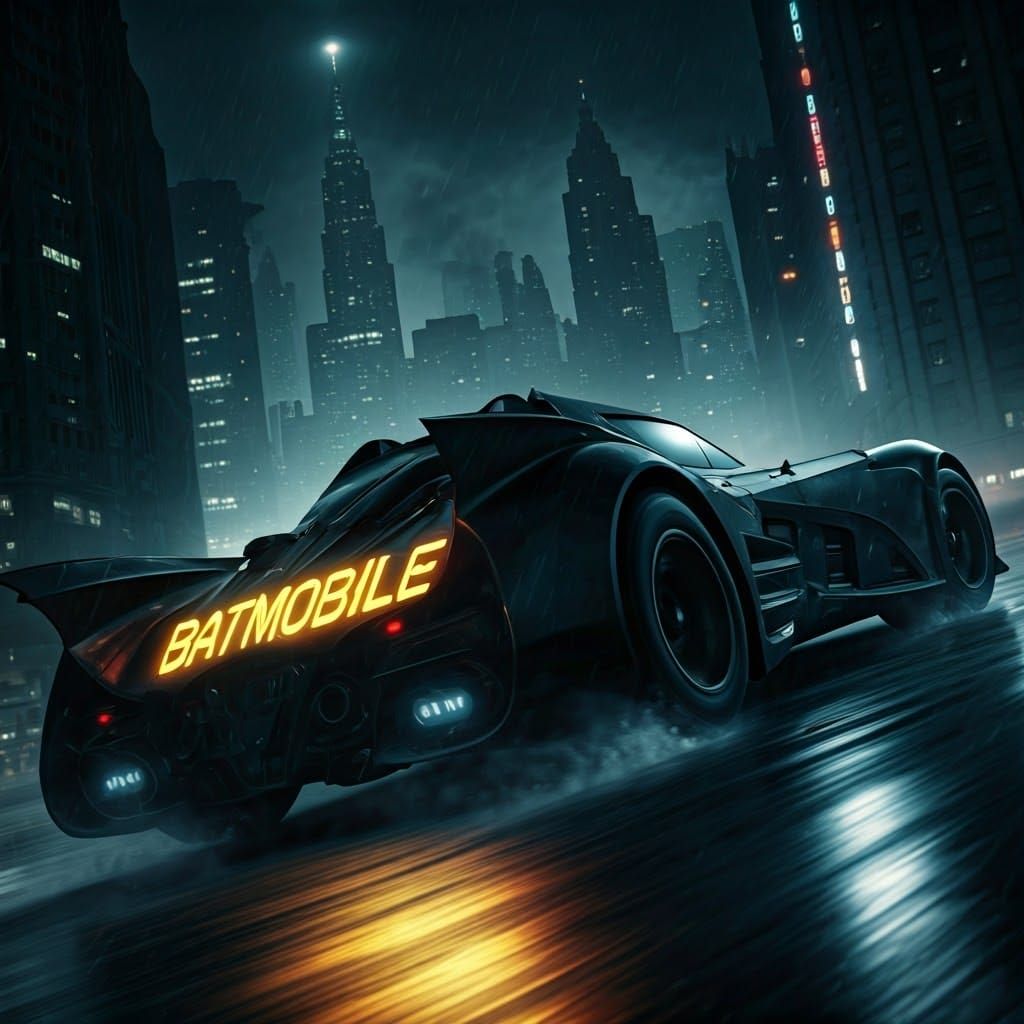 Batmobile Races Through Gotham City in Neon Noir