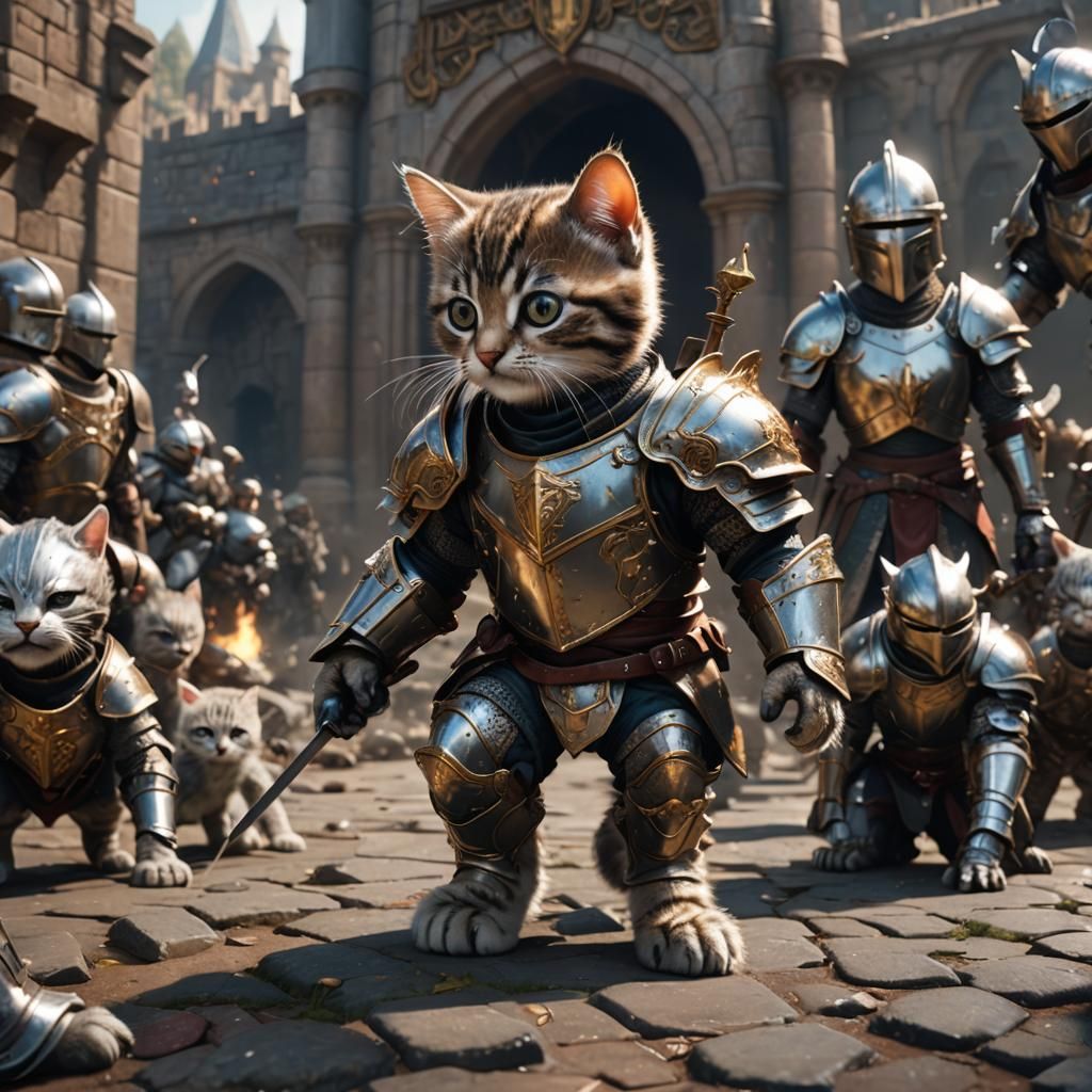 Armored Kitten in Battle: Detailed Fantasy Art