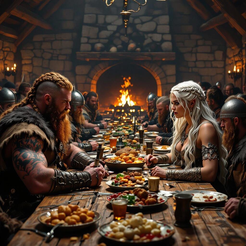 Viking Feast Tension: Warrior Gazes at Shield Maiden
