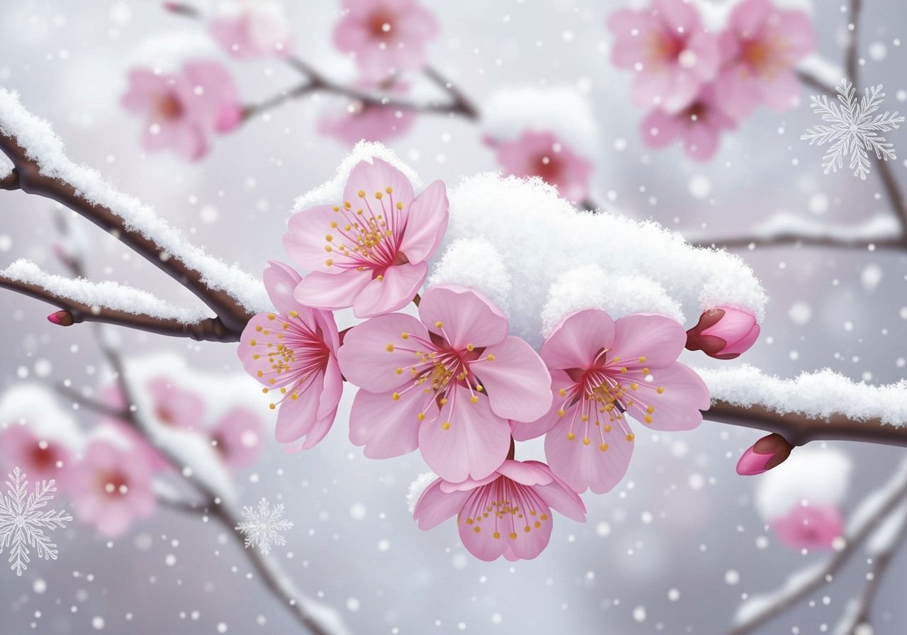 Snowy Cherry Blossoms in Gentle Winter Wonderland