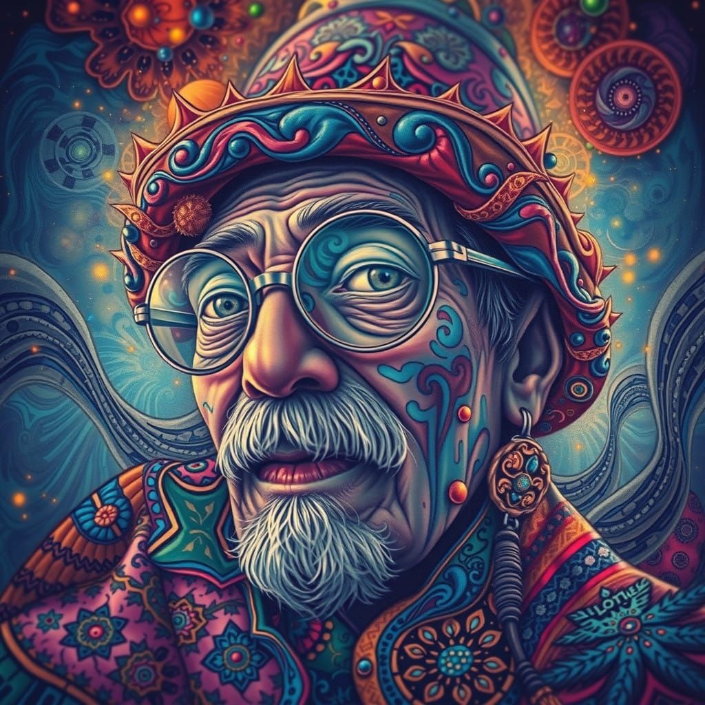 Elderly Man in Vibrant, Kaleidoscopic Portrait with Psychede...