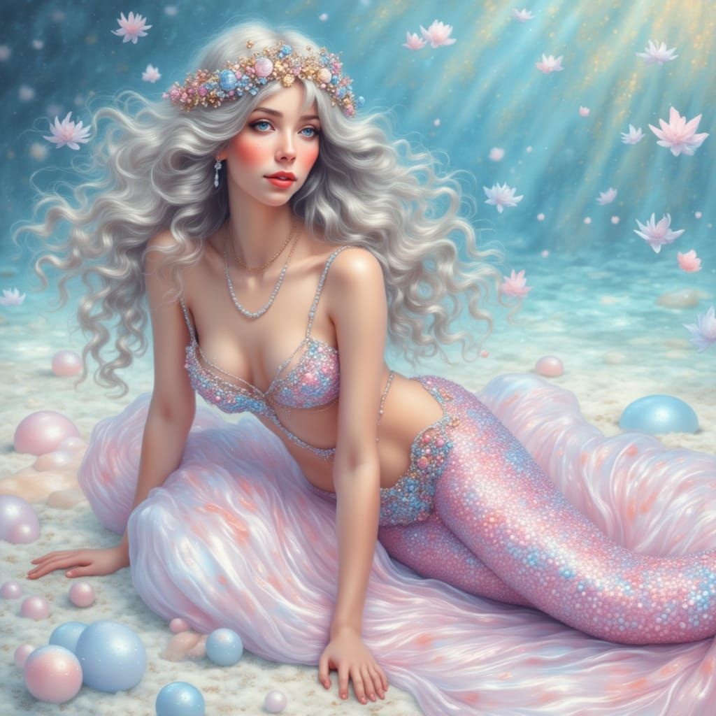 Mermaid on Pearl in Pre-Raphaelite Art Nouveau Style