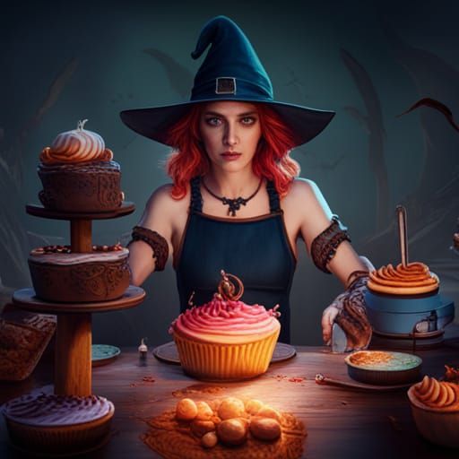Whimsical Witch Baking Cupcakes: Fantasy Concept Art