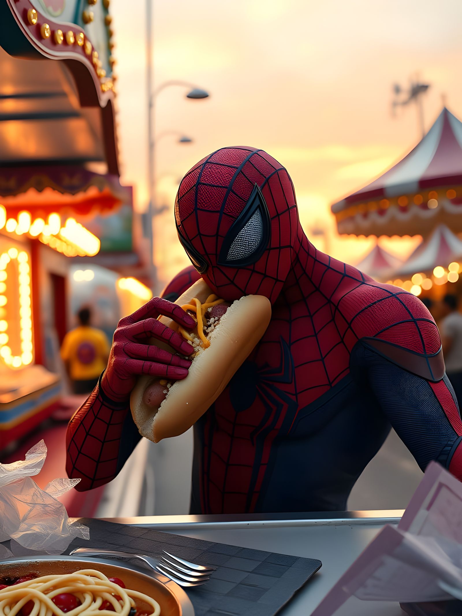 Superhero Savoring a Carnival Hotdog at Sunrise