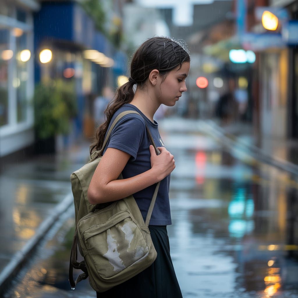 Teen Girl Walks Down Rainy City Street with School Bag