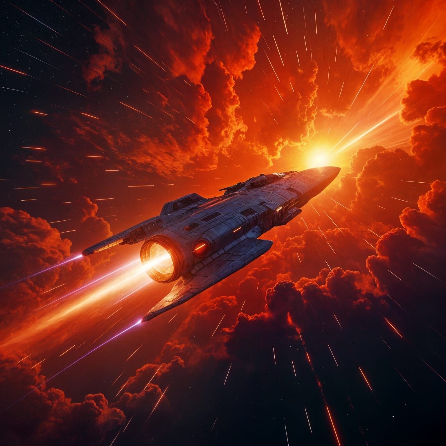 Futuristic Spacecraft Soaring Through Fiery Red Nebula