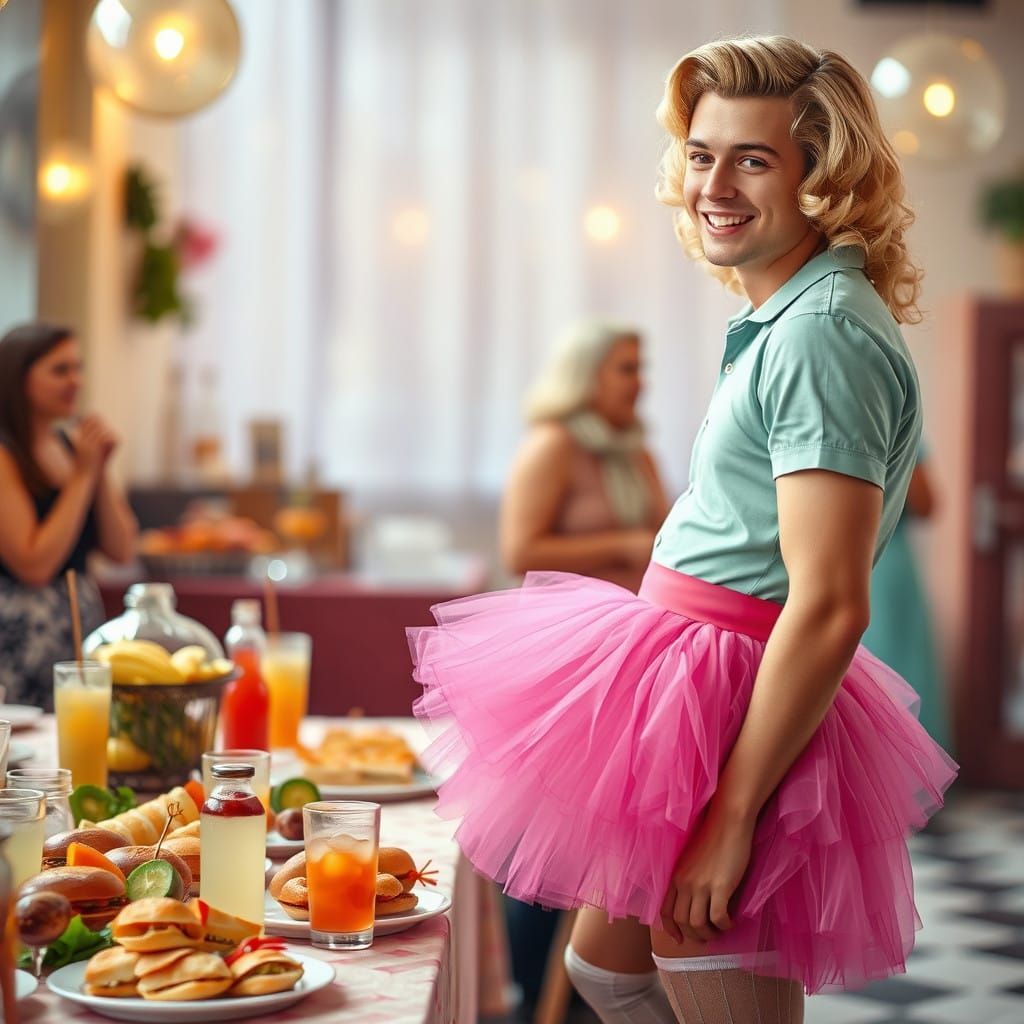 Confident Young Man in 1950s Party Dress, Embracing Joyful C...