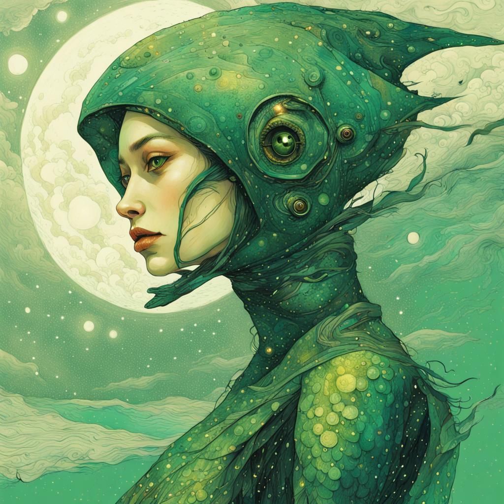 Futuristic Fish Alien Woman in Starry Night