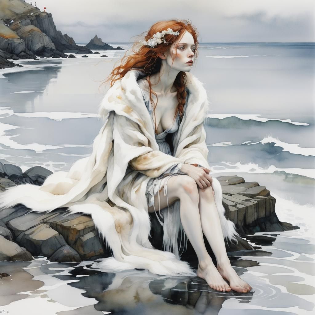 Selkie Woman on Mystical Shoreline in Watercolor Style
