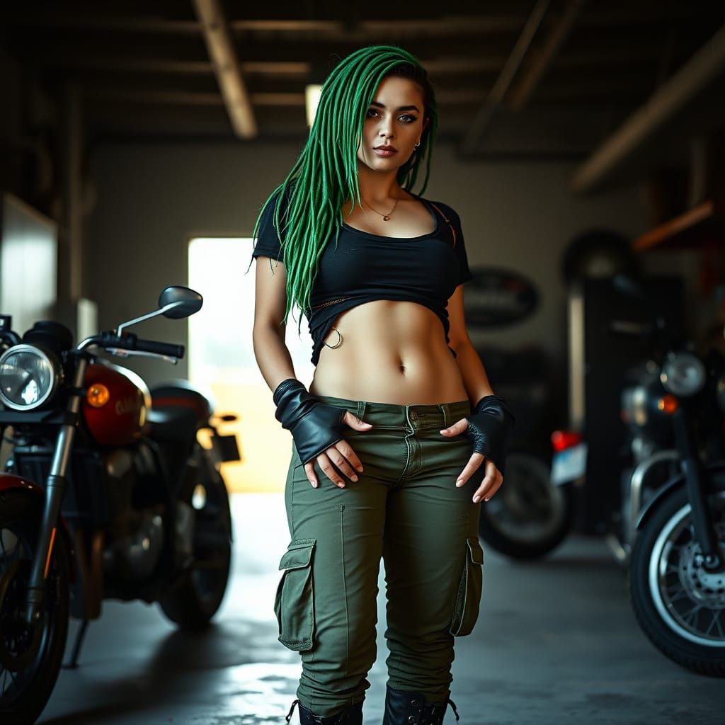 Cyberpunk Biker Goddess in Dimly Lit Garage