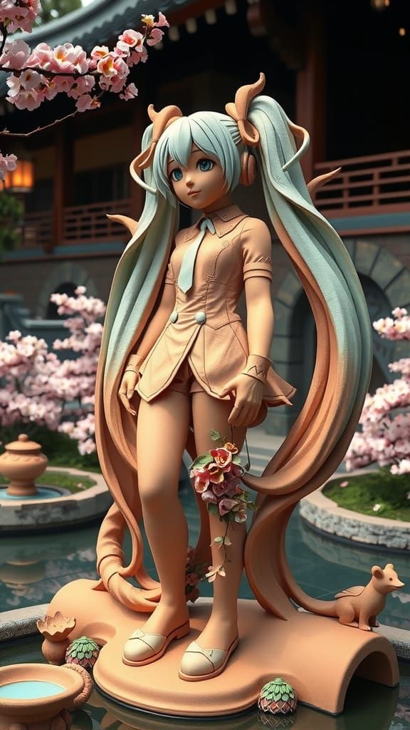 Surreal Clay Goddess in Japanese Garden Landscape