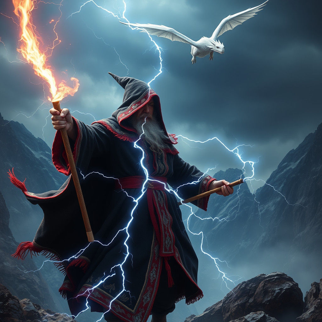 Wizard Casting Lightning with Dragon in Stalenhag Style