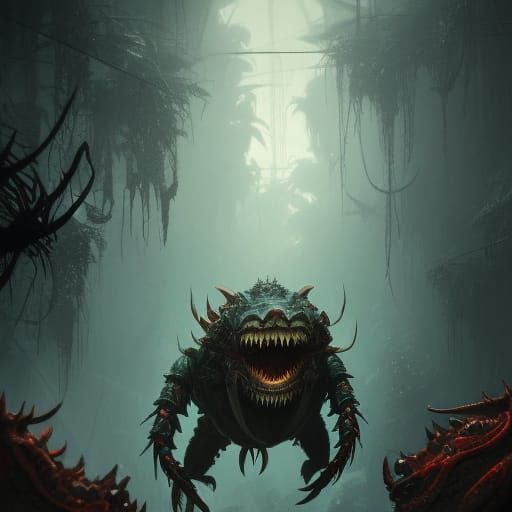 Creepy Crab Monster in Jungle, Dark Fantasy Art