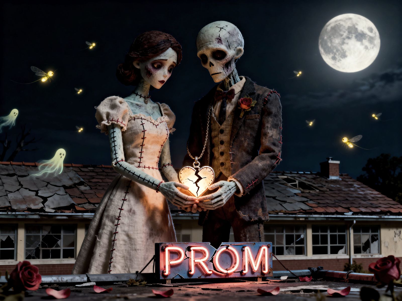 Undead Prom Couple Mending Heart Locket Under Full Moon