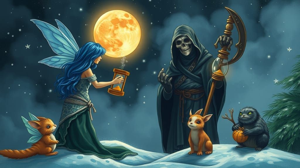 Fairy Offers Hourglass to Reaper at Solstice