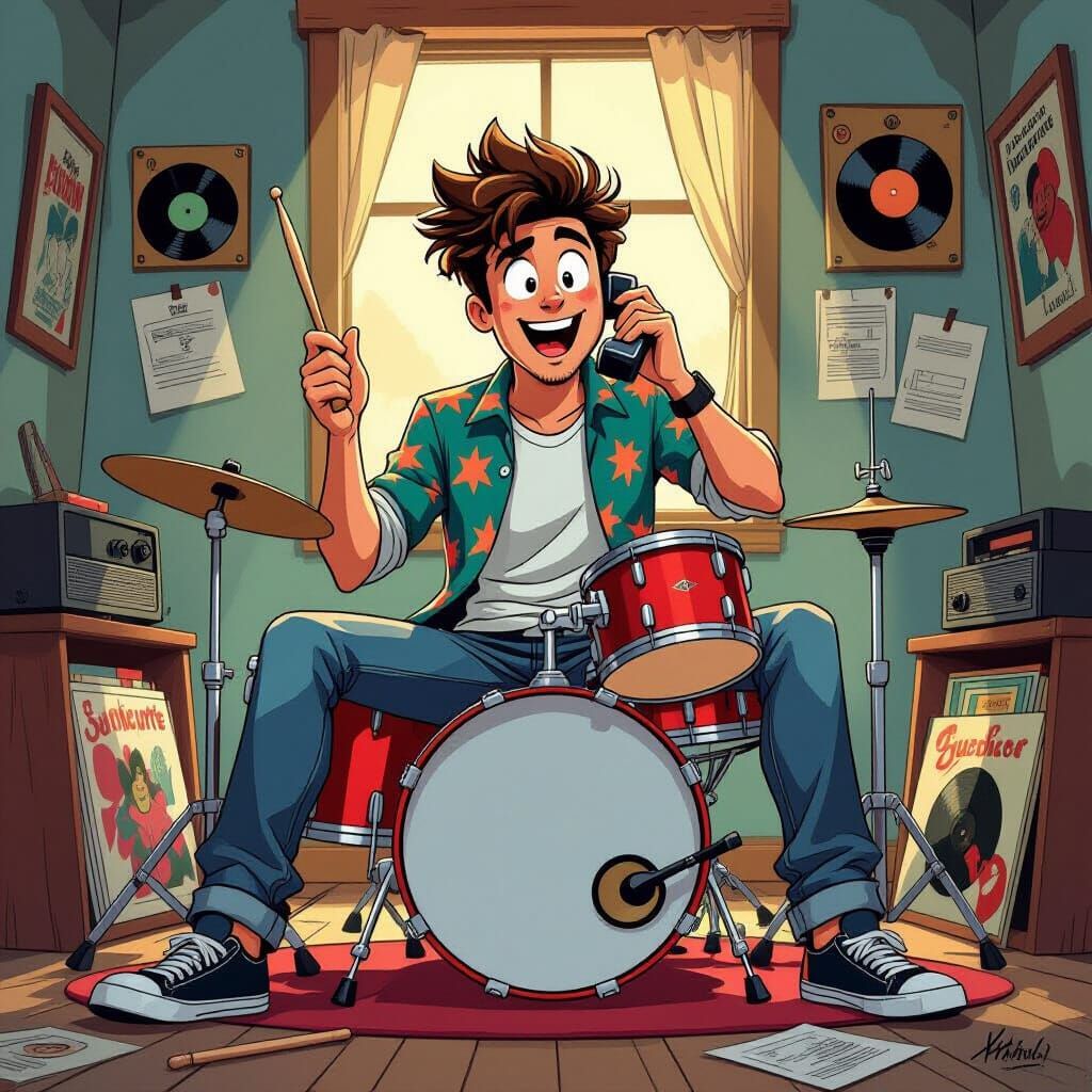 Comic Drummer Talks on Retro Phone with Wild Gestures