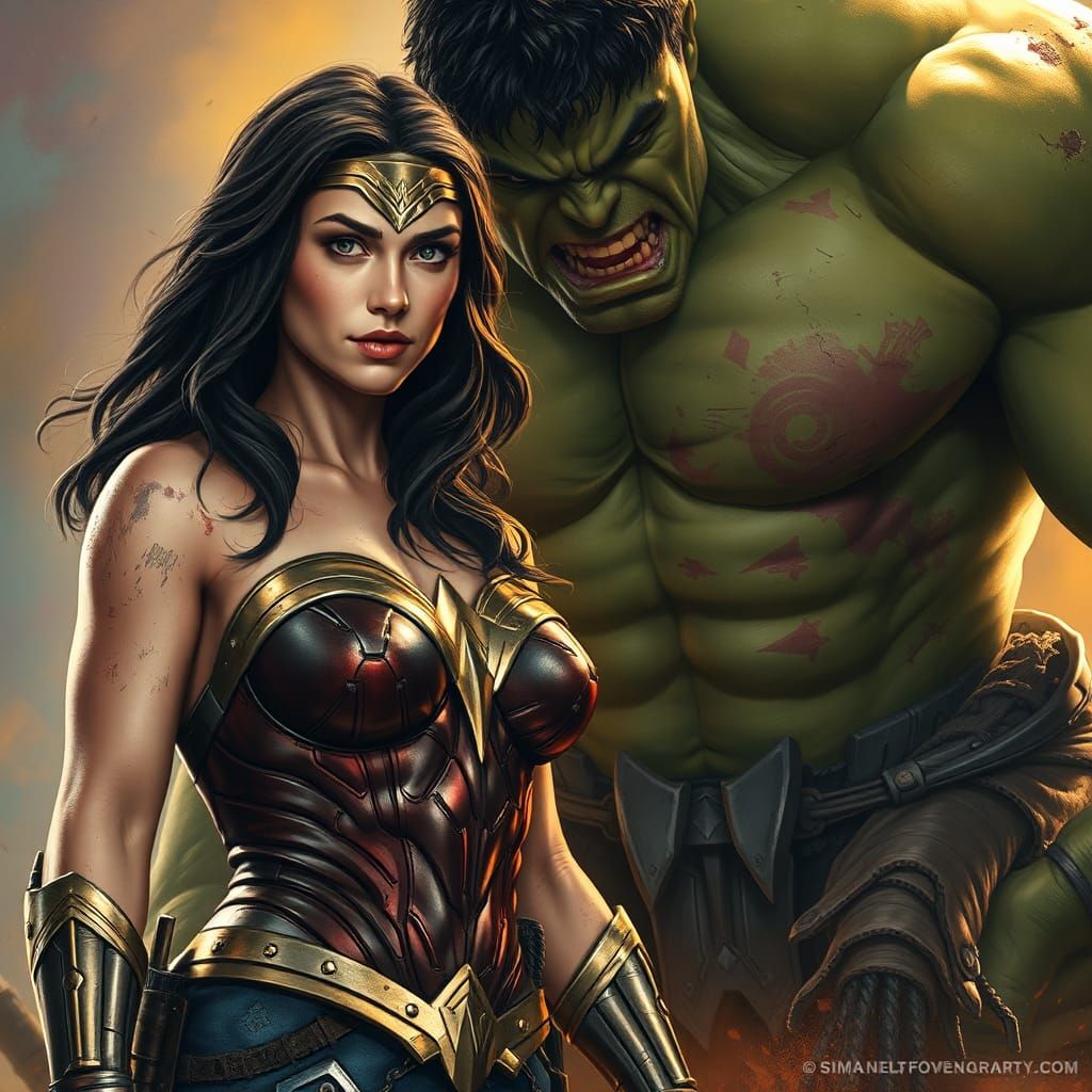 A battle fatigue and battle damaged Wonder Woman, bloody, bruised and victorious Hulk. Hyperrealistic, splash art, conce...