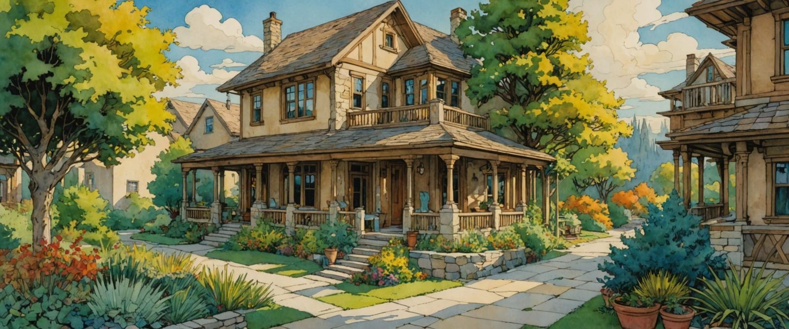 Naive Comic Scene with Stone Homes in Watercolor