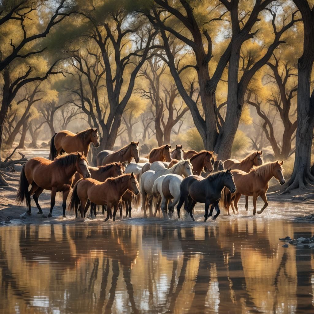 Wild Horses Cross River: Wildlife Photography in Golden Hour