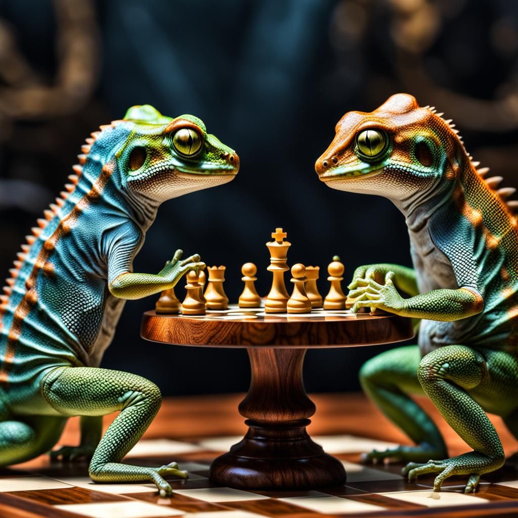 Geckos Play Chess in Hyperrealistic Style