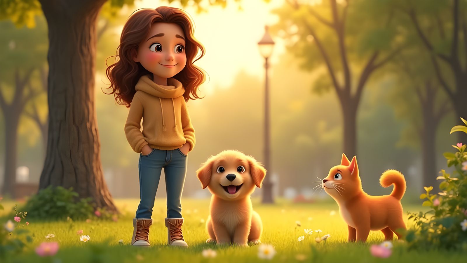 Woman, Puppy and Cat in Sunny Pixar-Style Park