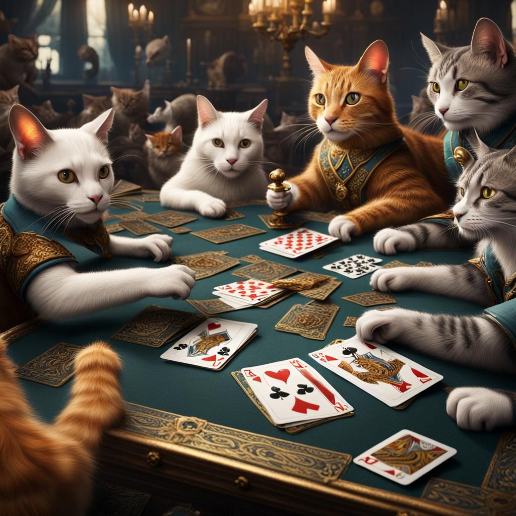 Cats and Mice Card Game in Detailed Painting