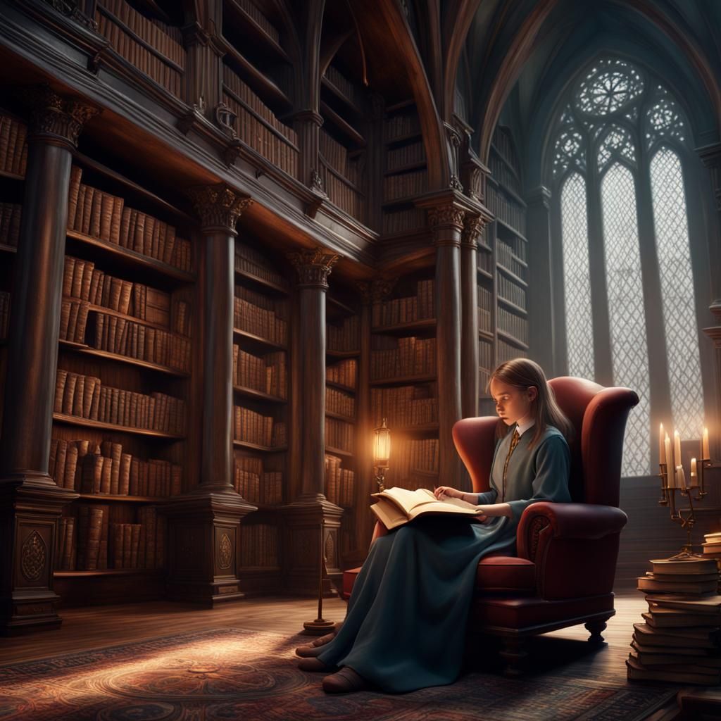 Mystical Library: Girl Reading in a Fantasy Artscape