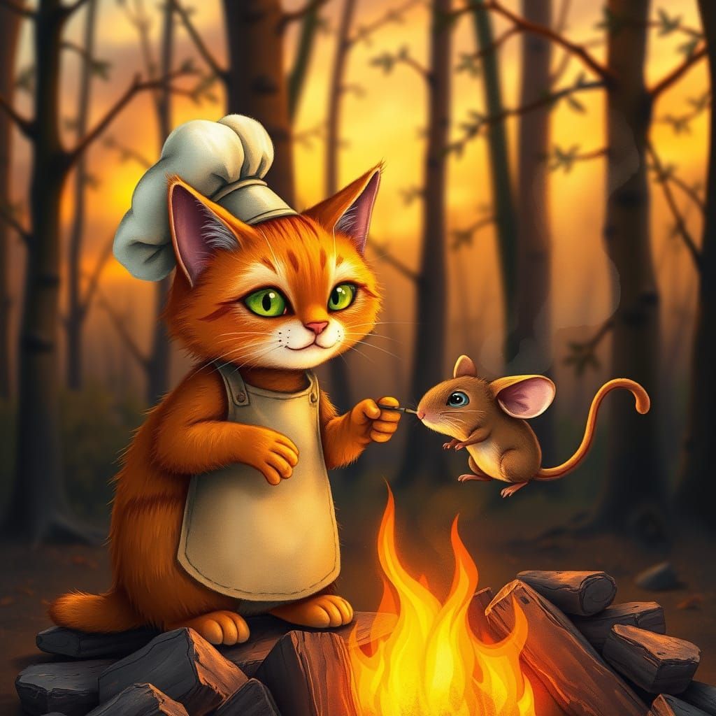 Whimsical Feline Chef Grills Mouse over Sunset Forest Bonfir...