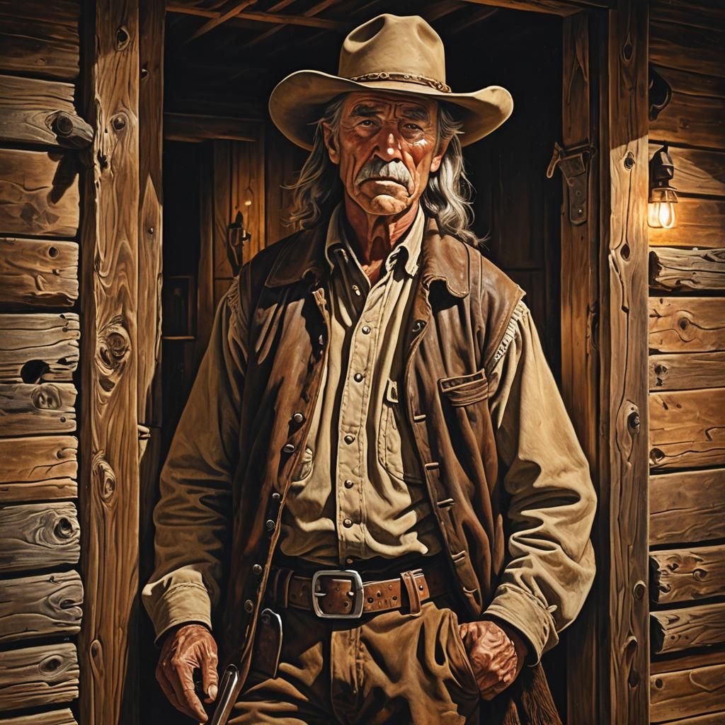 Frontier Art: Older Man in Cabin with Buckskins