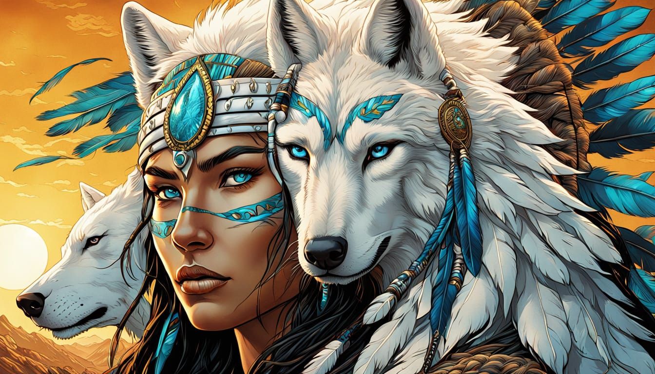 Native American Goddess with White Wolf in Comic Art