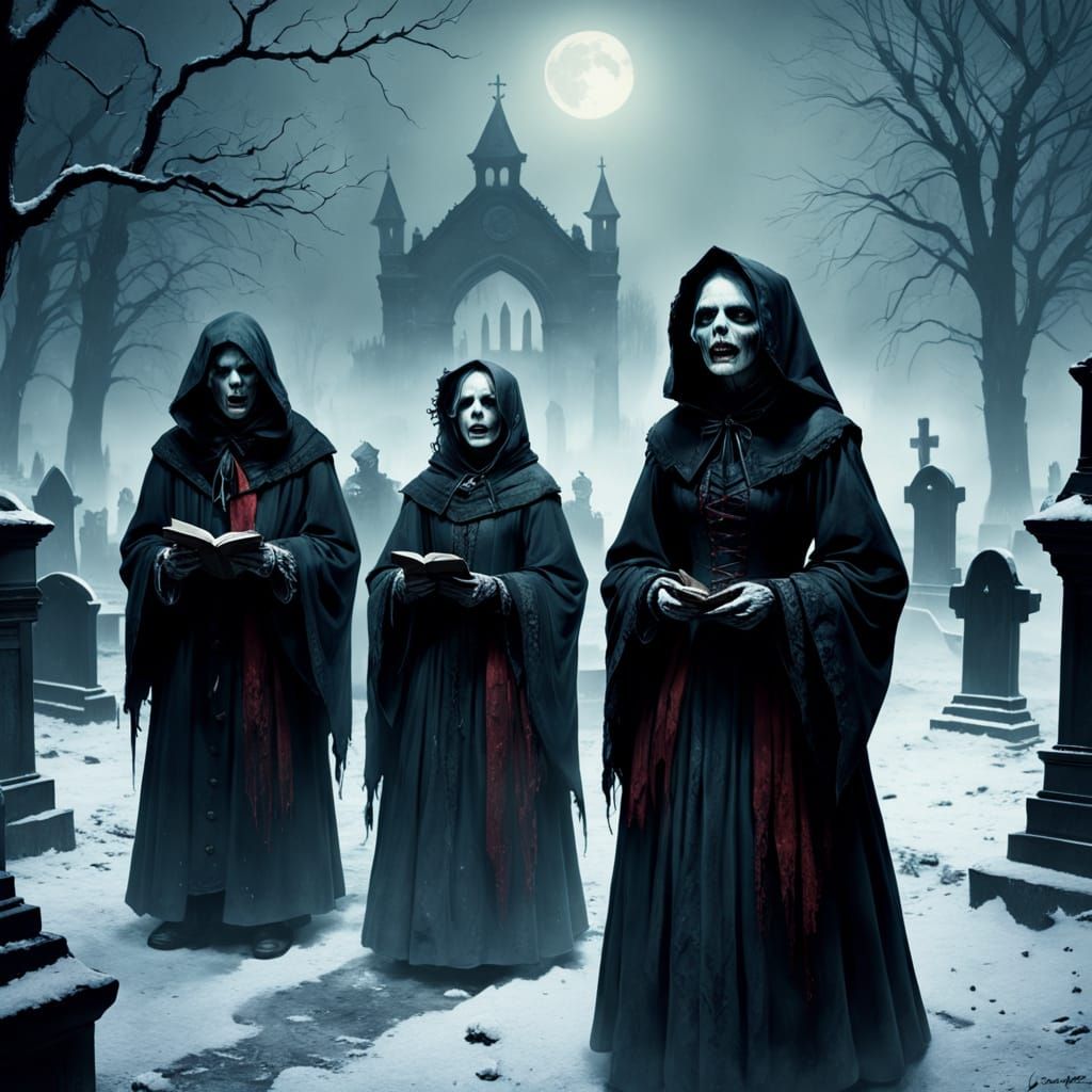 Undead Carolers in Snowy Graveyard