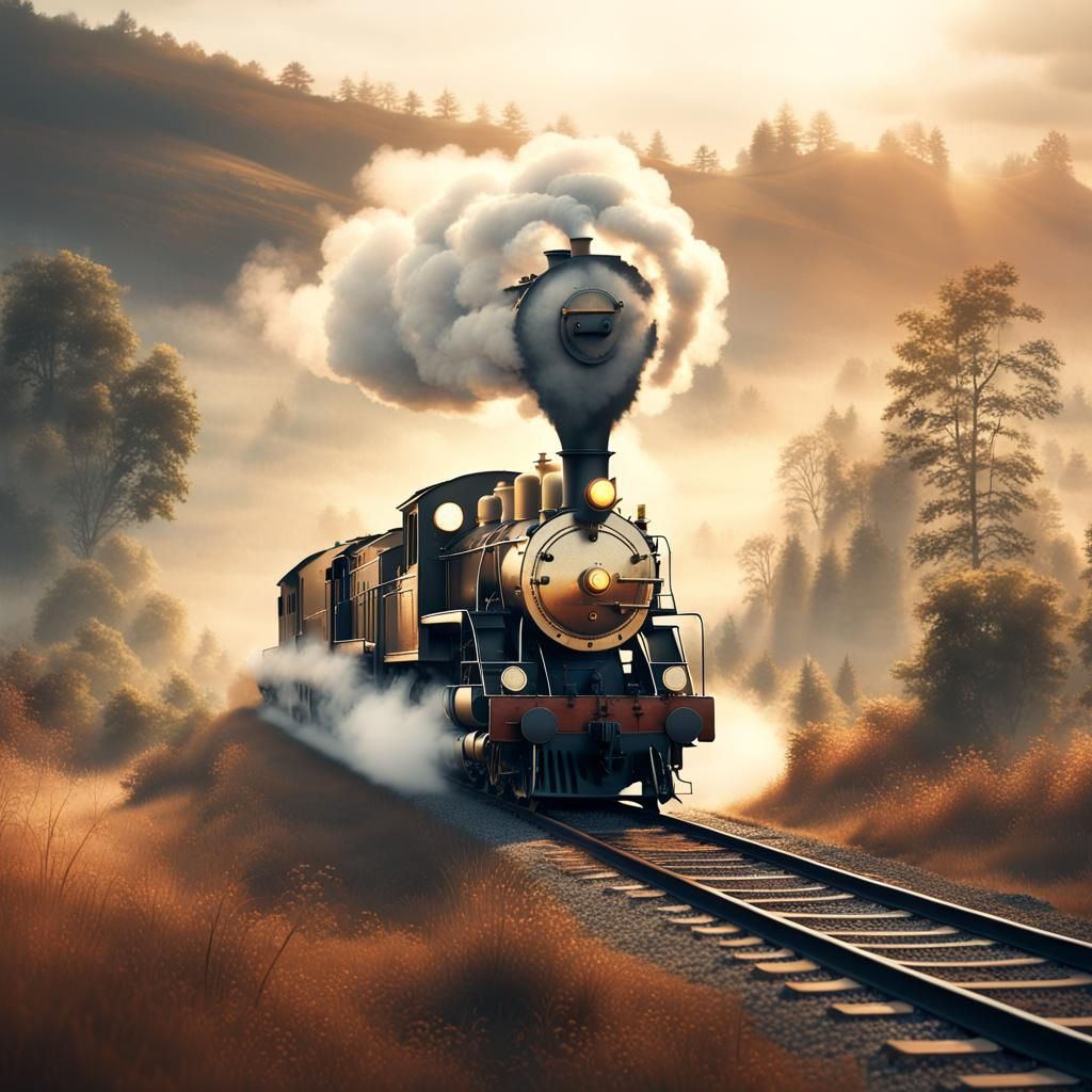 Steam Locomotive in Misty Landscape: Steampunk Concept Art