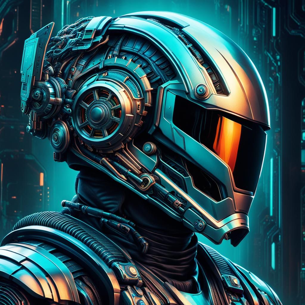 Biomechanical Helmet with Virtual Screen in Retro-Futuristic...