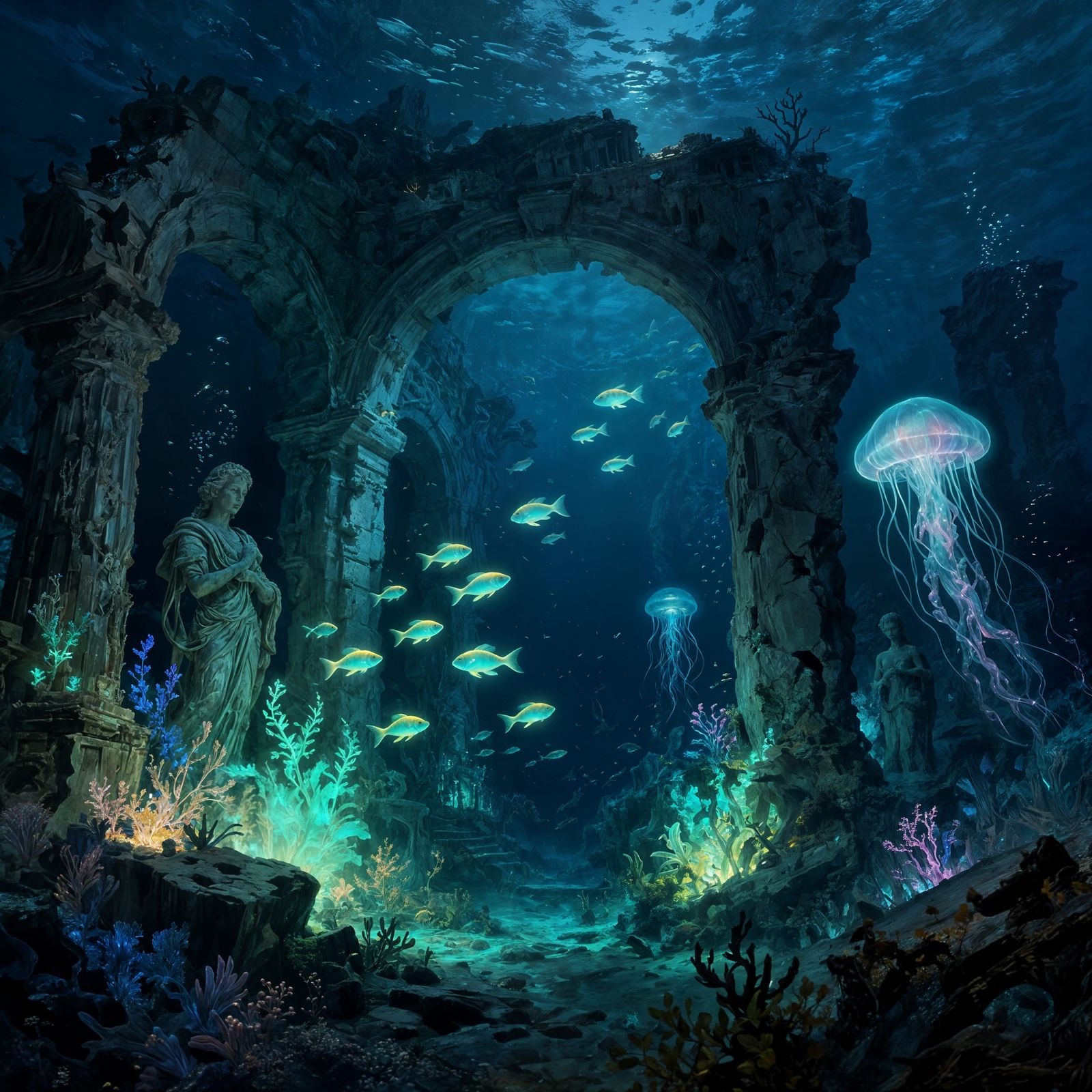 Bioluminescent Underwater Ruins with Glowing Fish