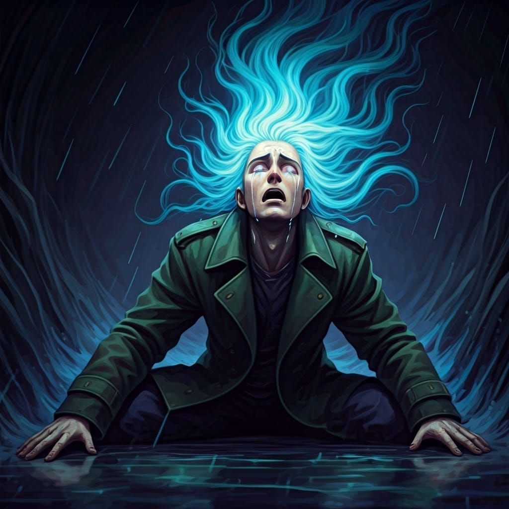 Despairing Man in Stormy Dreamscape, Dark Fantasy Art
