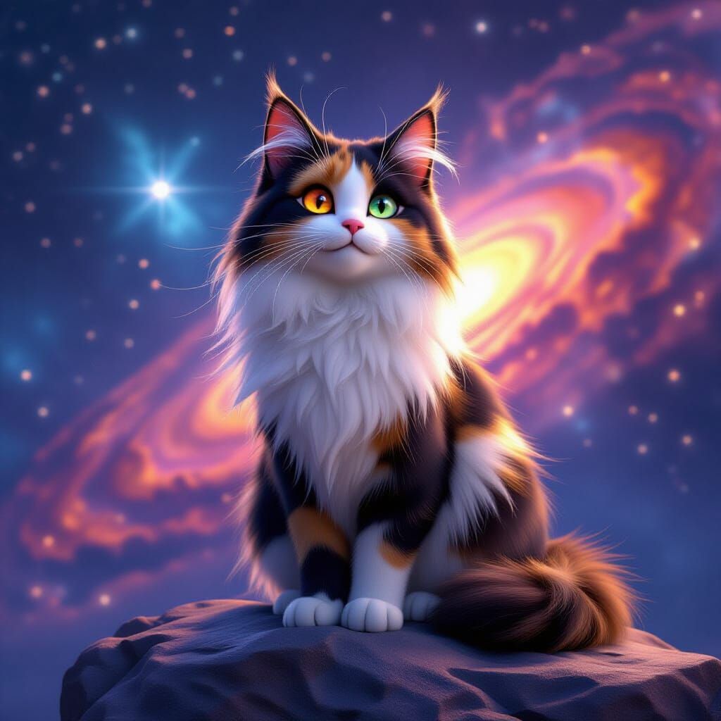 Regal Calico Cat on Celestial Rock Amidst Cosmic Nebulae