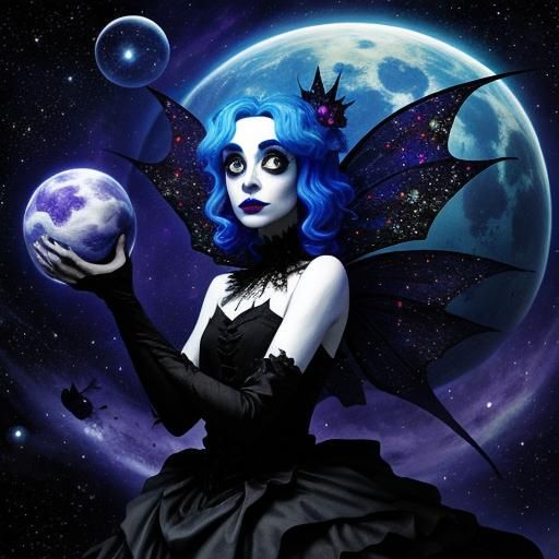 Dark, Whimsical Fairy in Cosmic Dreamscape